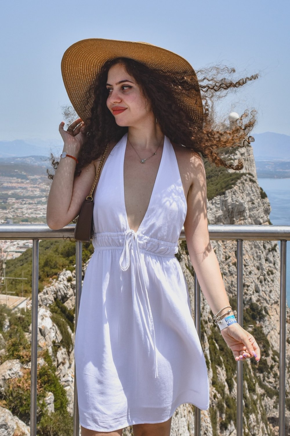 White Halter Mini Dress and Sun Hat