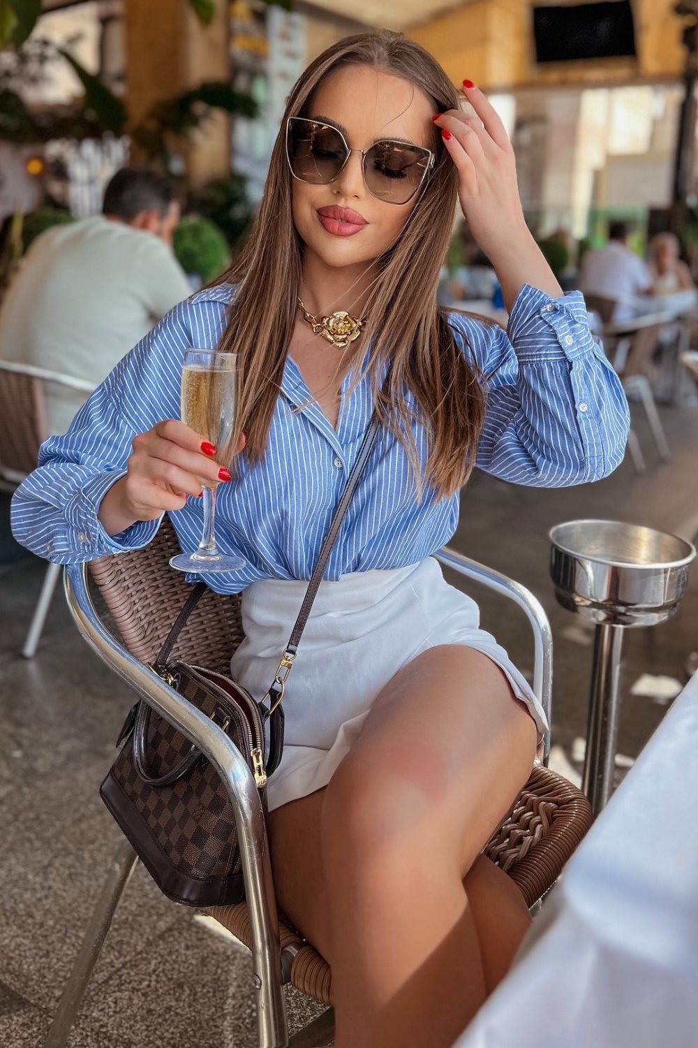 Striped Shirt and White Mini Skirt