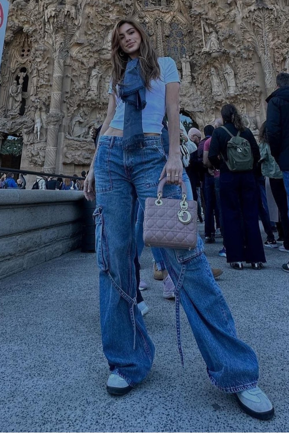 White Crop Tee and Blue Cargo Jeans