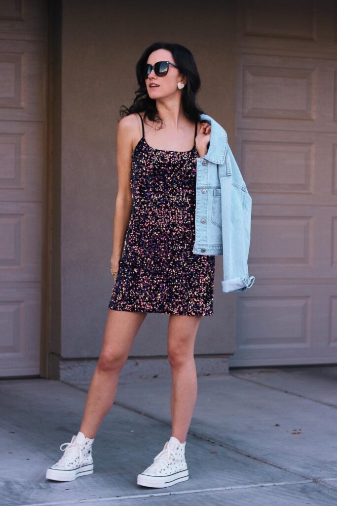 Black Sequin Mini Dress and Denim Jacket