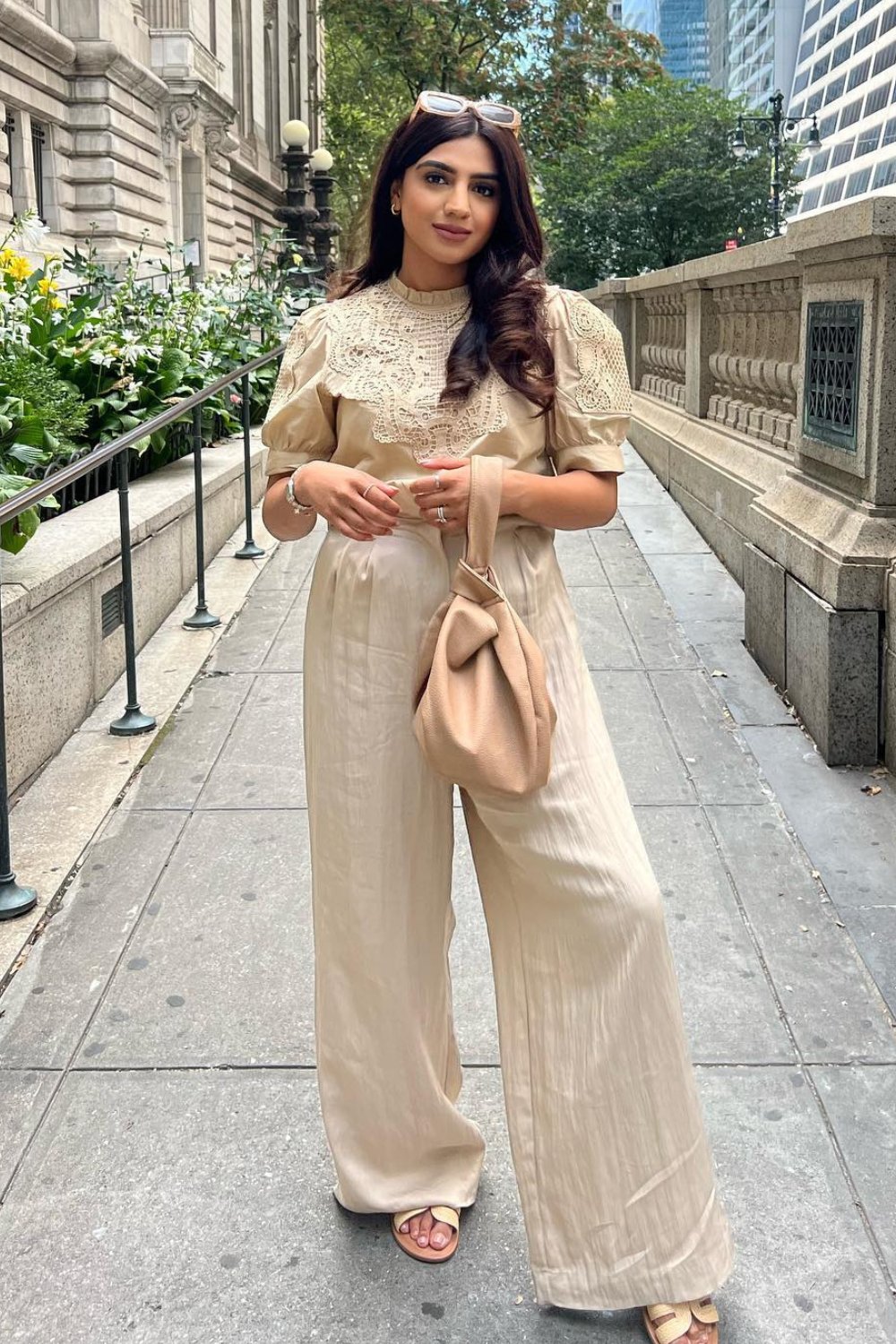 Beige Puff Sleeve Blouse and Wide-Leg Pants