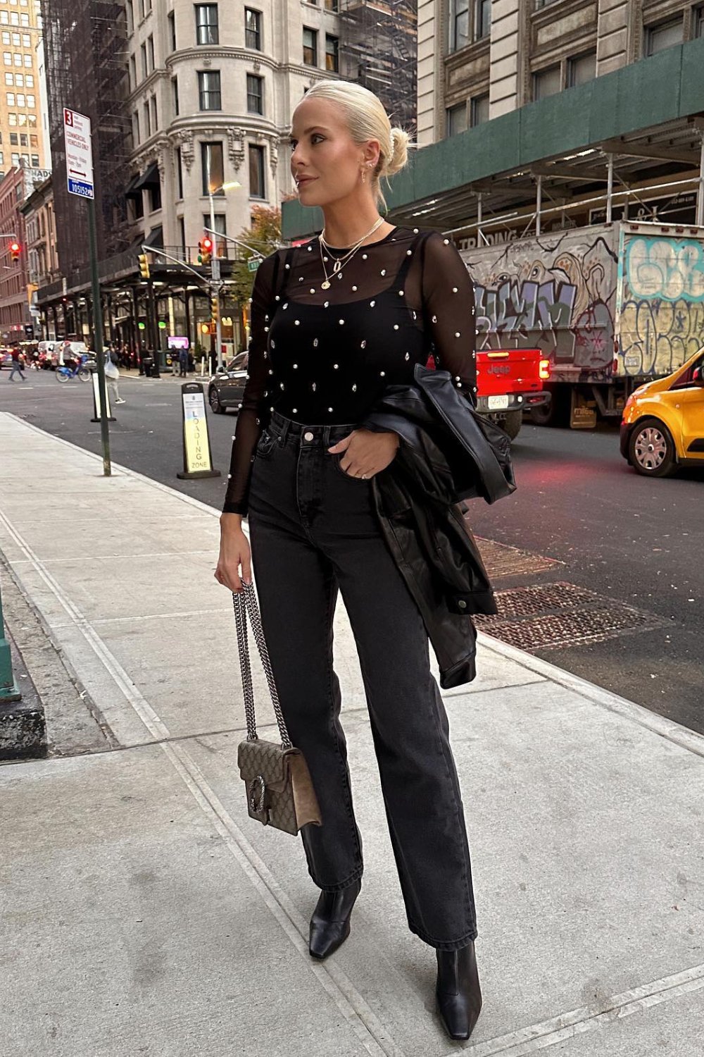 Black Sheer Polka Dot Top and Jeans