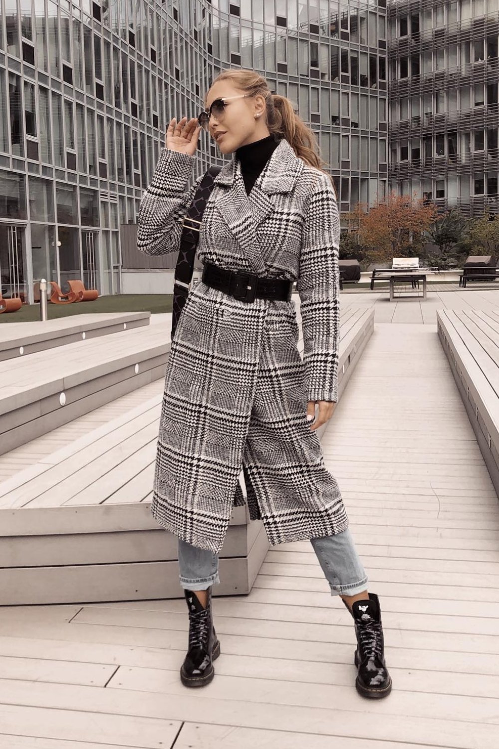 Plaid Long Coat and Light Wash Jeans