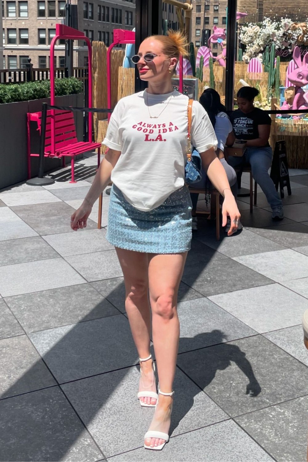 White Graphic Tee and Tweed Mini Skirt