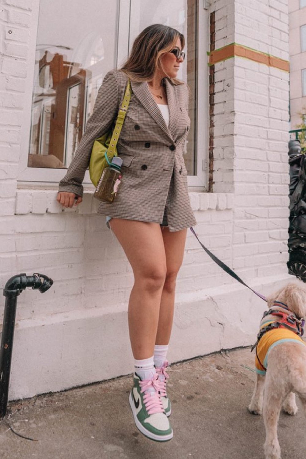 White Tank Top and Plaid Blazer Dress