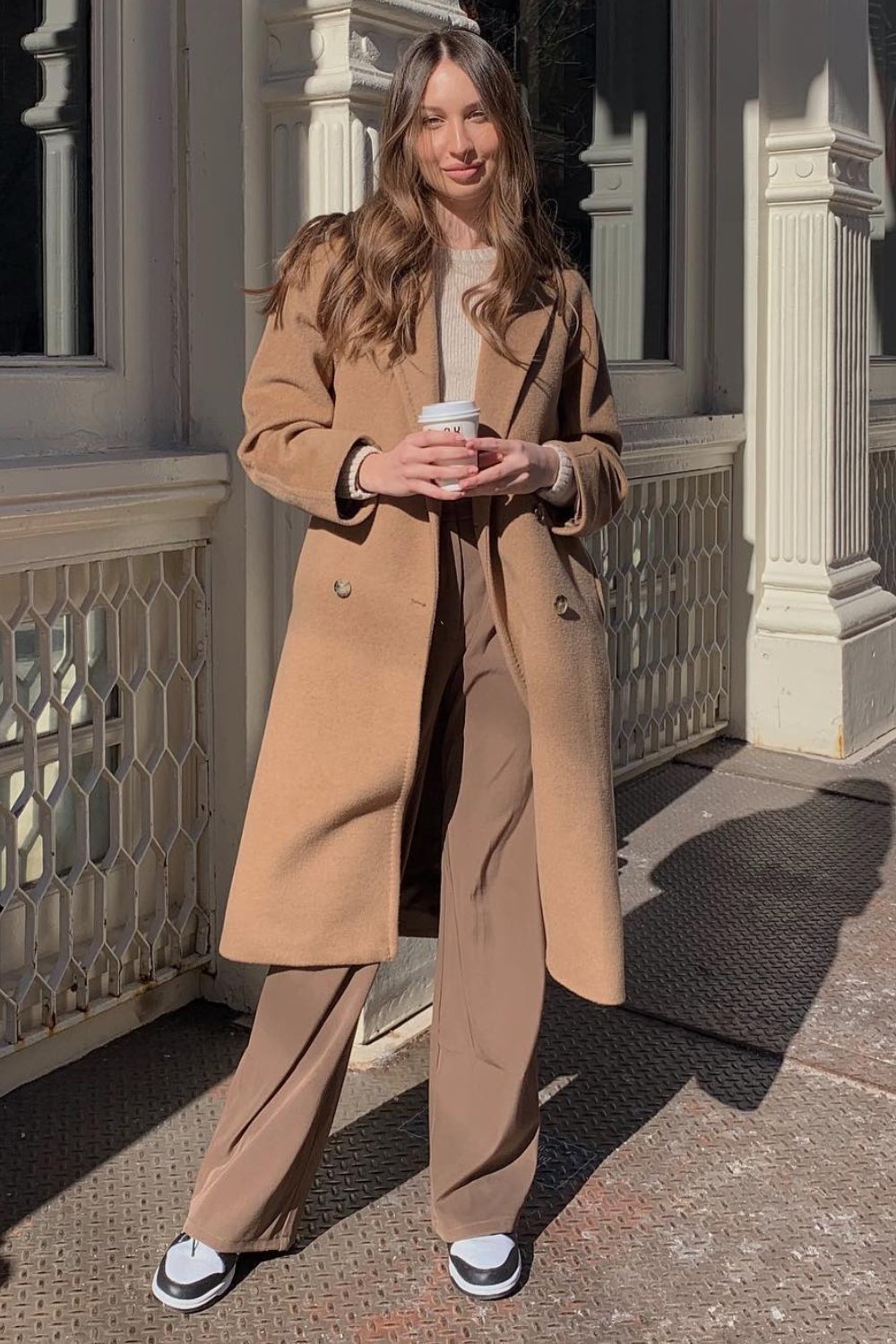 Camel Coat and Beige Sweater