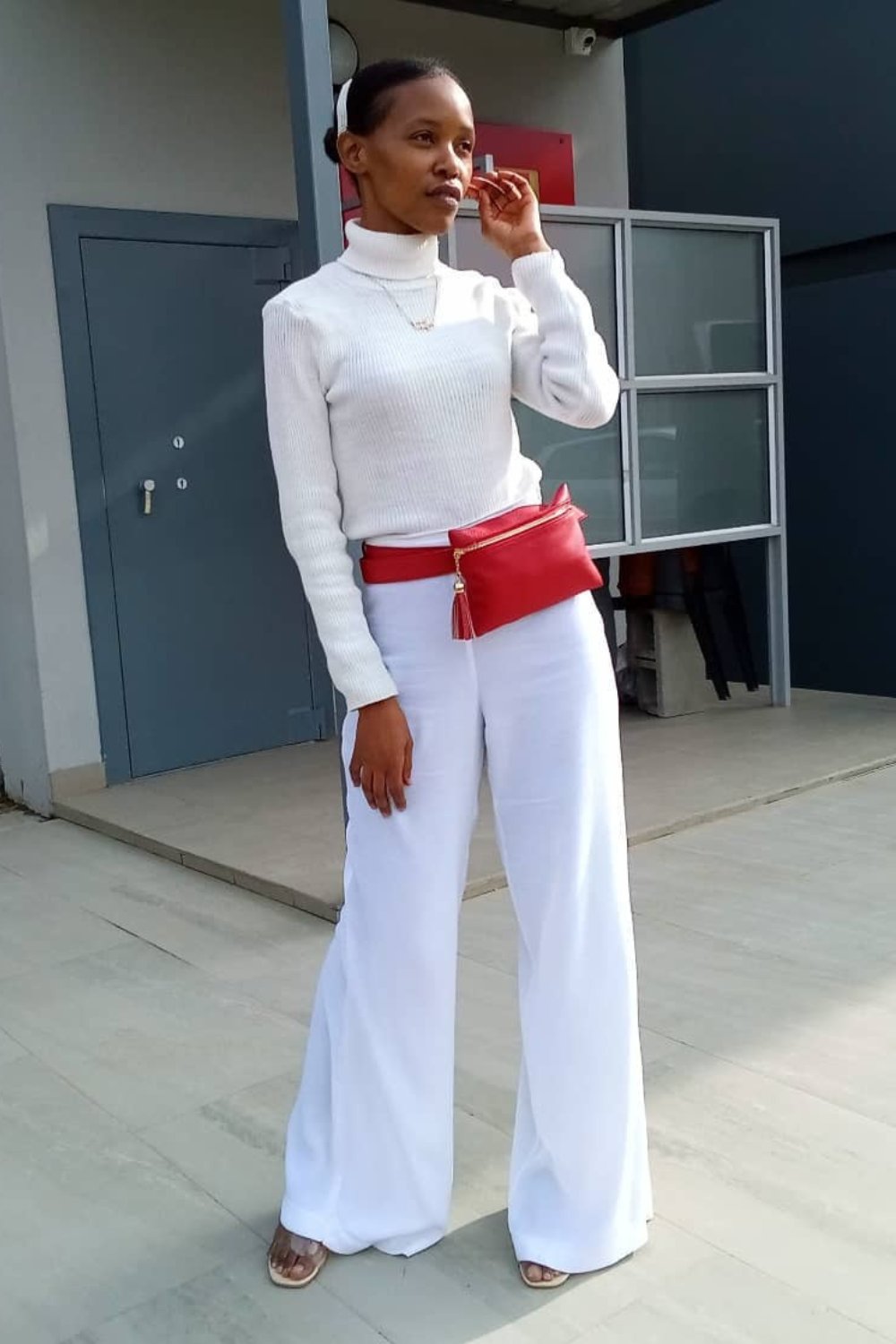 White Ribbed Turtleneck Sweater, White Wide-Leg Pants