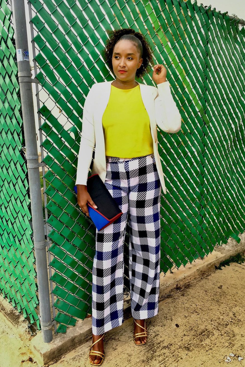 Yellow Sleeveless Top, White Blazer, Black and White Gingham Wide-Leg Pants