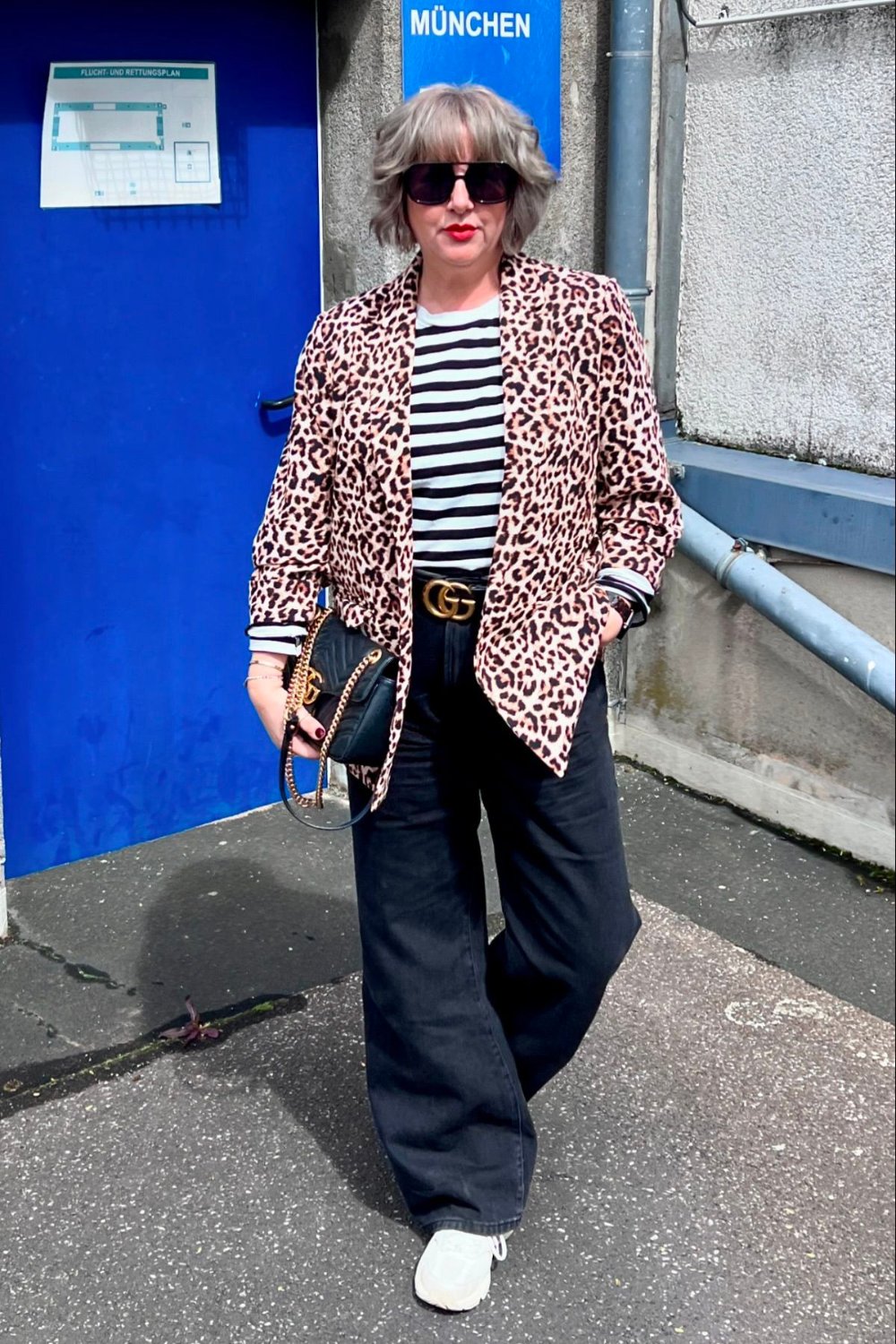 Leopard Print Blazer, Black and White Striped Top, Black Wide-Leg Pants