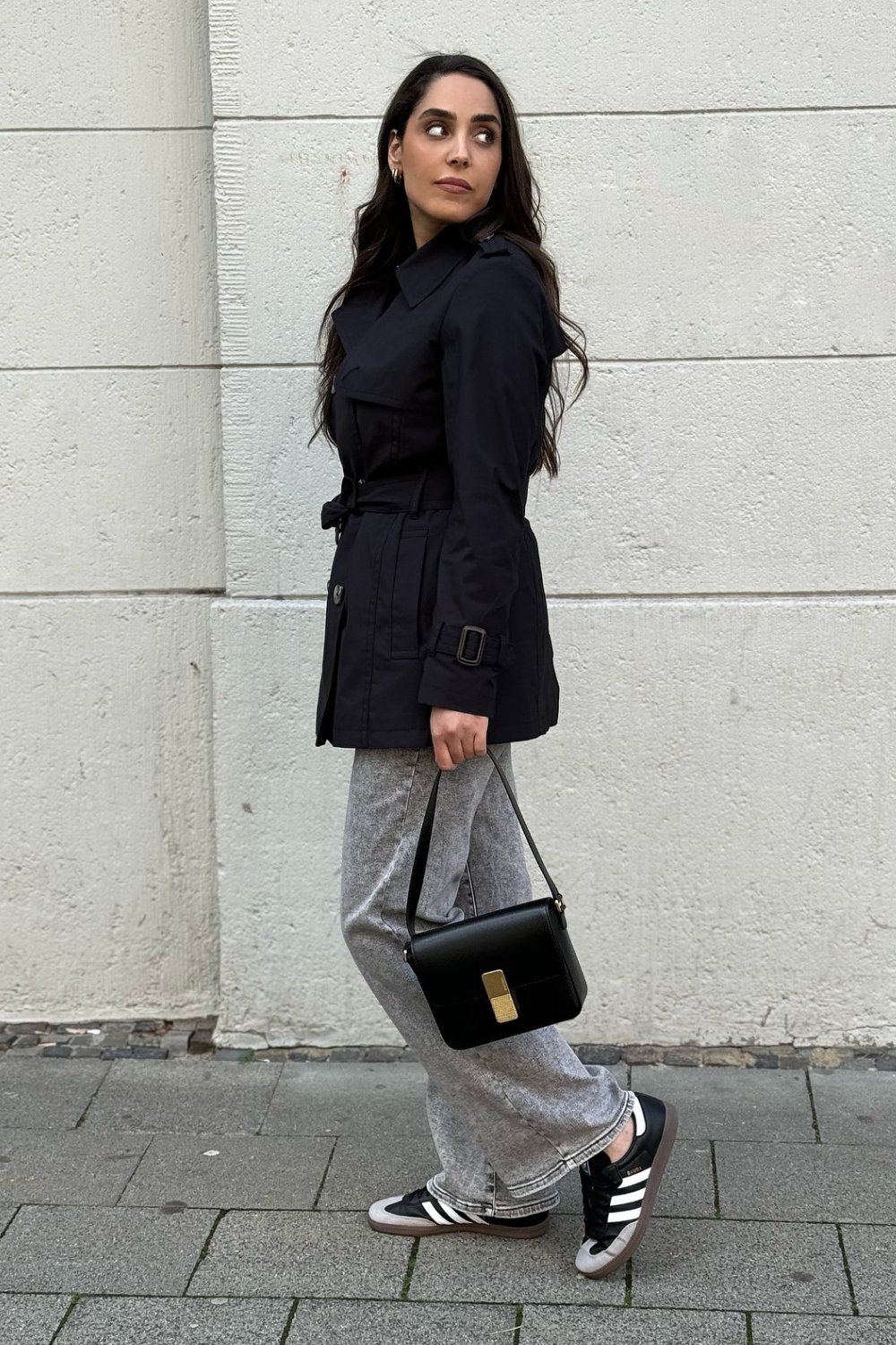 Black Trench Coat & Gray Wide-Leg Pants