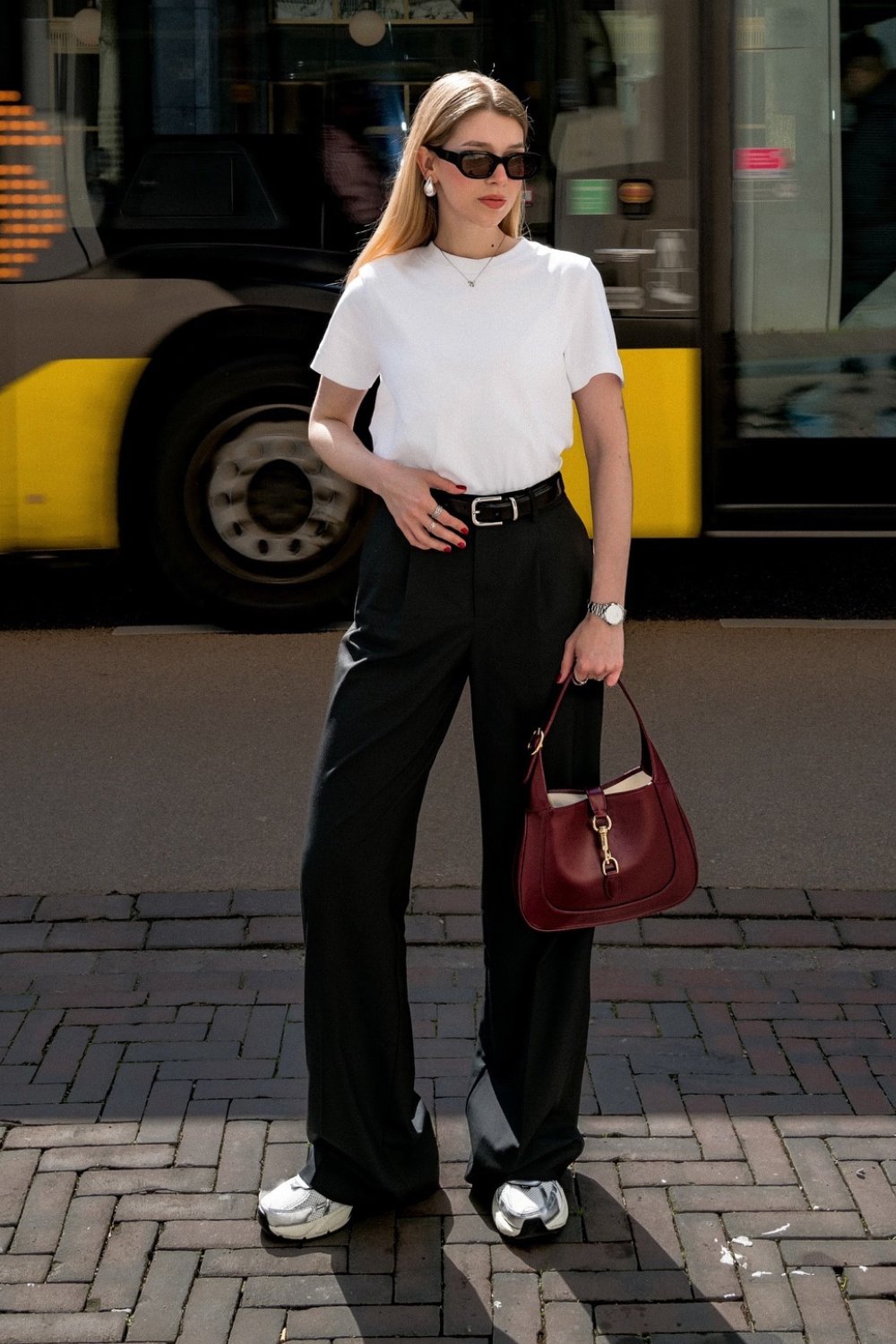 White Crew Neck T-Shirt & Black Wide-Leg Trousers