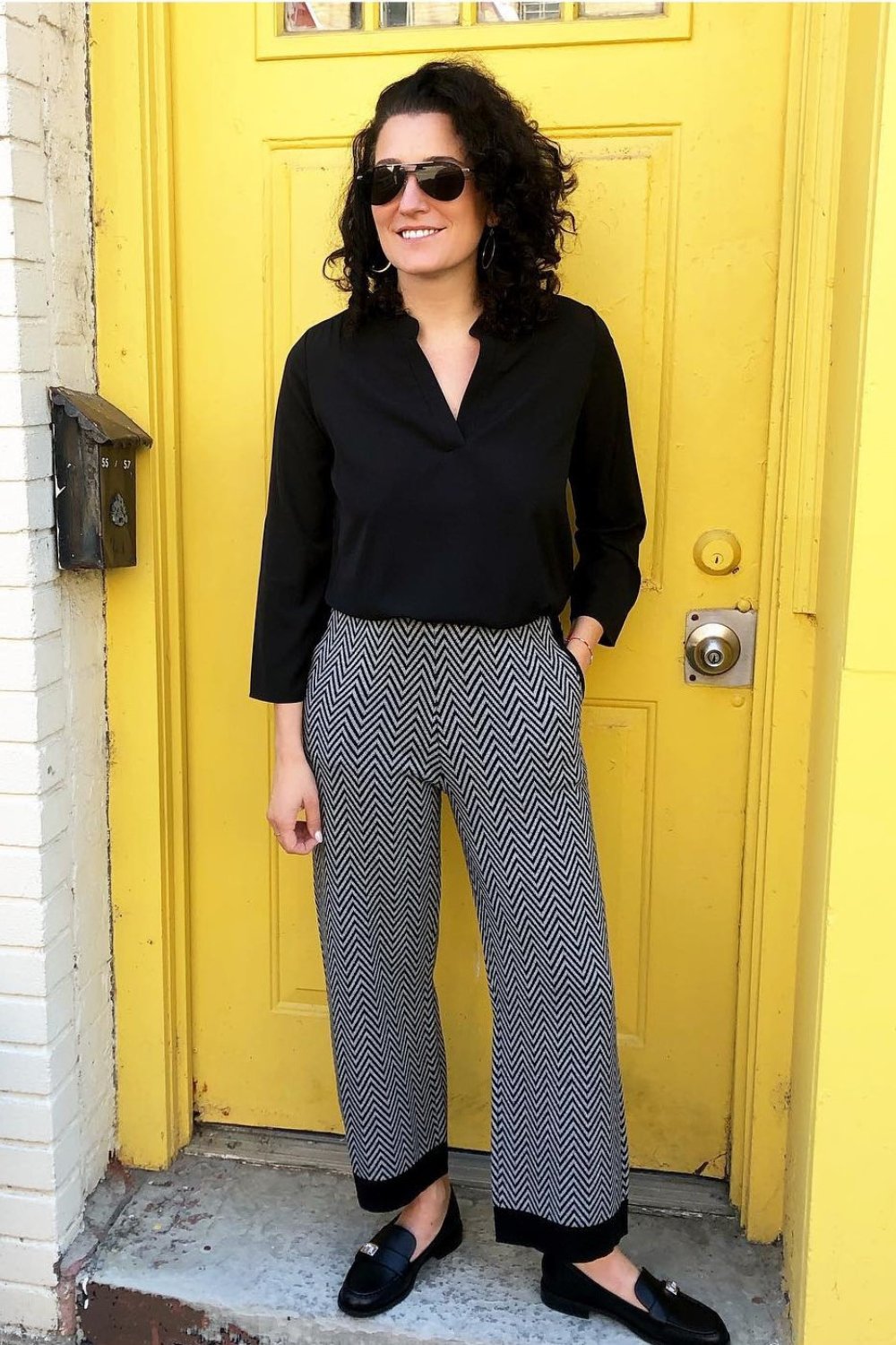 Black V-Neck Top, Chevron Print Wide-Leg Pants, Black Loafers