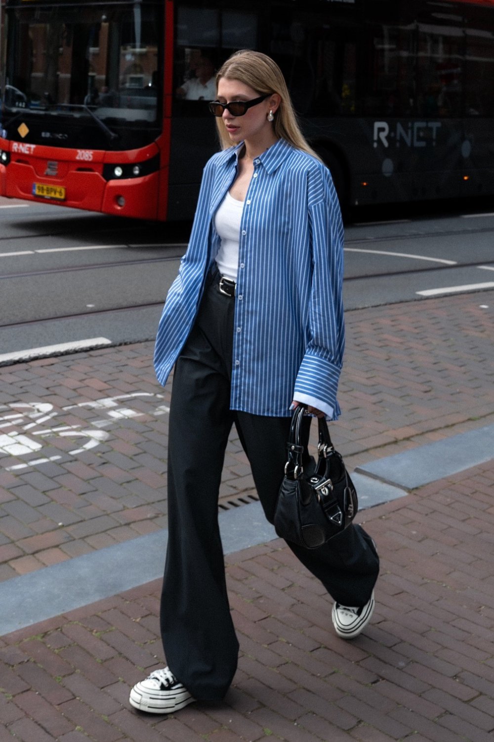 Blue Striped Oversized Shirt & Black Wide-Leg Trousers