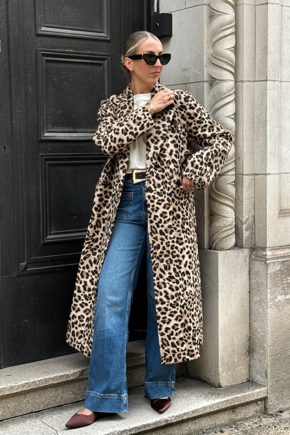 Leopard Print Long Coat & Blue Wide-Leg Jeans