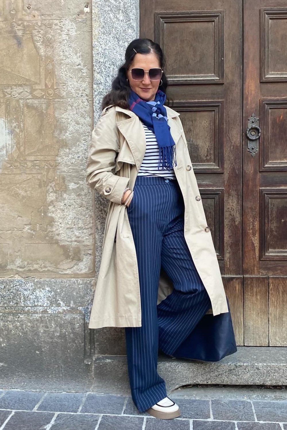 Beige Trench Coat, Striped Navy & Navy Pinstripe Wide-Leg Pants