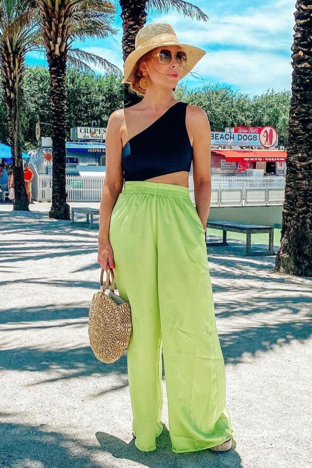 Black One-Shoulder Crop Top, Lime Green Wide-Leg Pants