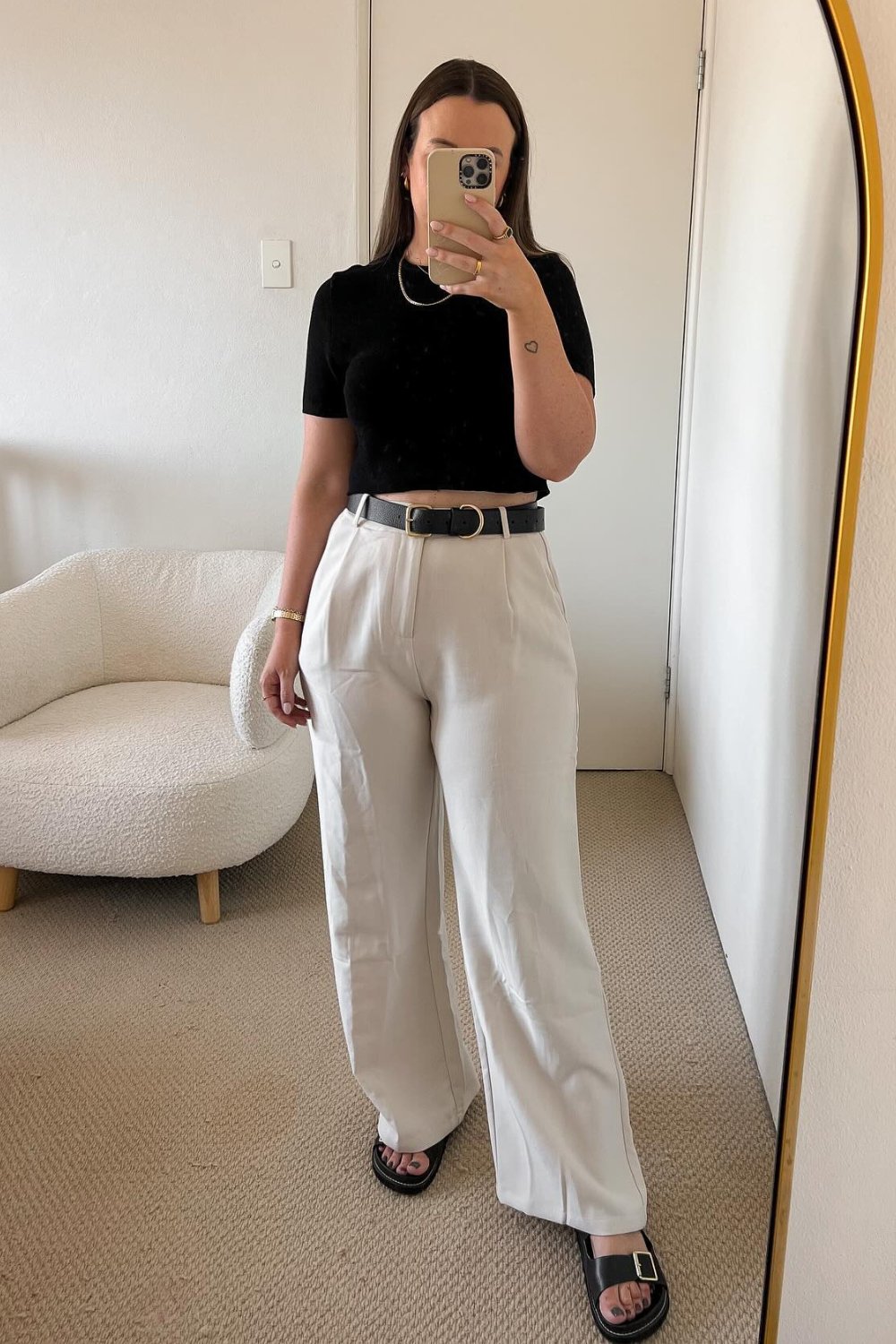 Black Crop Top, White Wide-Leg Pants, Black Belt