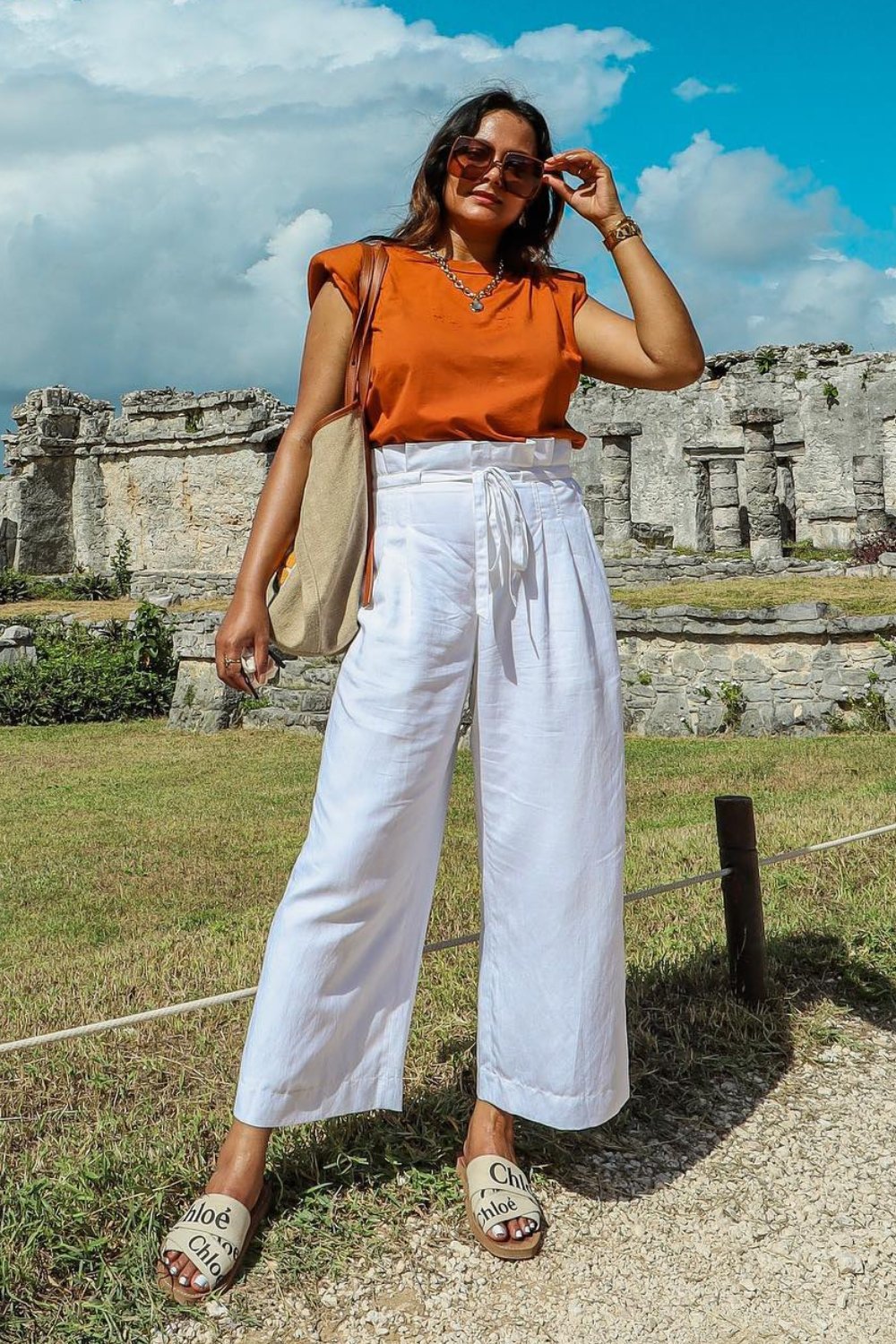 Orange Sleeveless Top & White Wide-Leg Pants