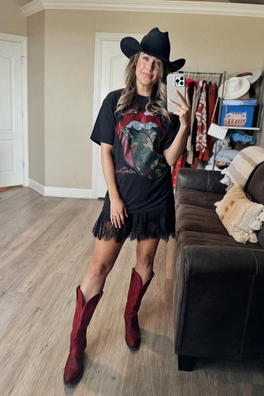 Black Graphic Tee and Lace Mini Skirt