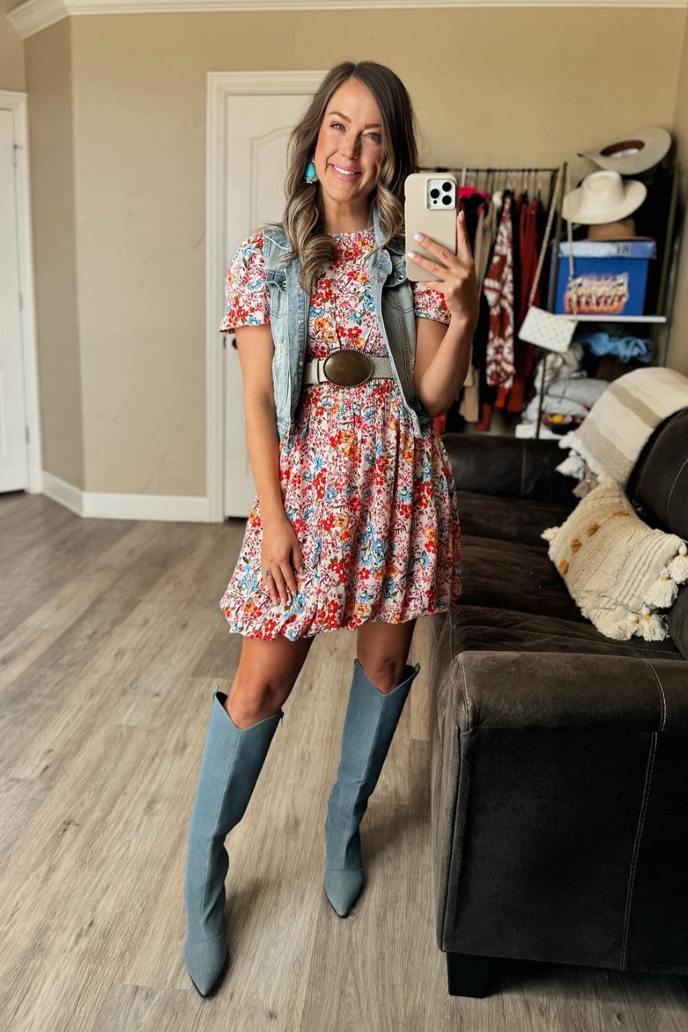 Floral Mini Dress with Denim Vest