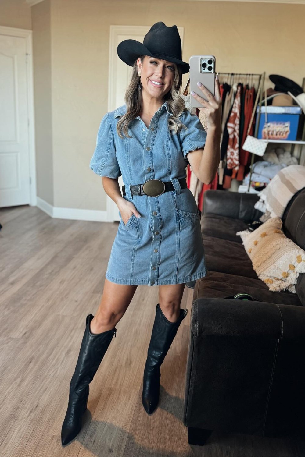 Puff Sleeve Denim Mini Dress