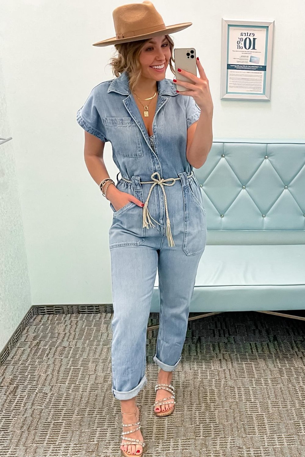 Denim Jumpsuit and Wide-Brim Hat