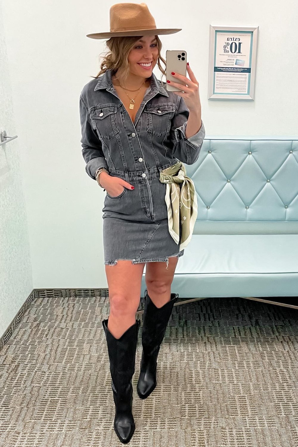 Dark Denim Mini Dress with Knee-High Boots