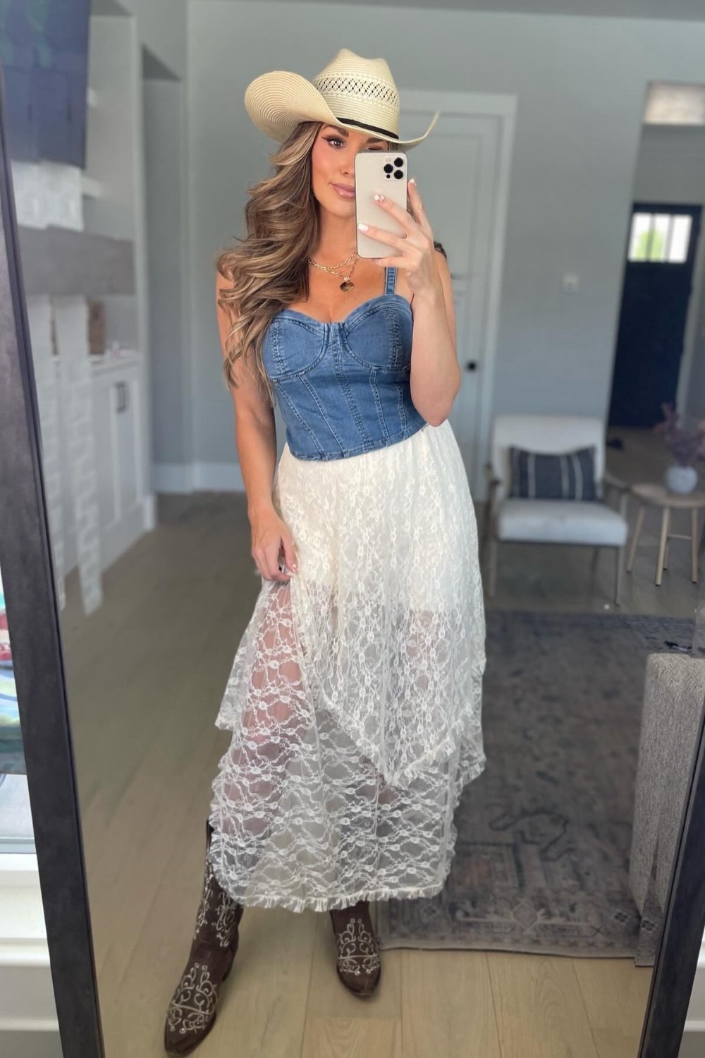 Denim Bustier and Lace Maxi Skirt