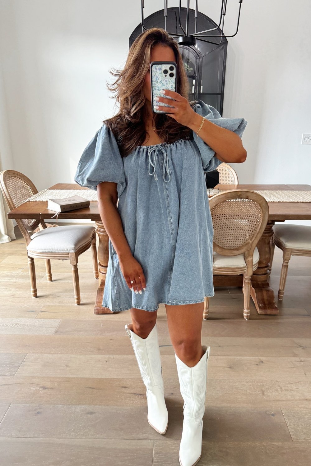 Denim Mini Dress with Puff Sleeves