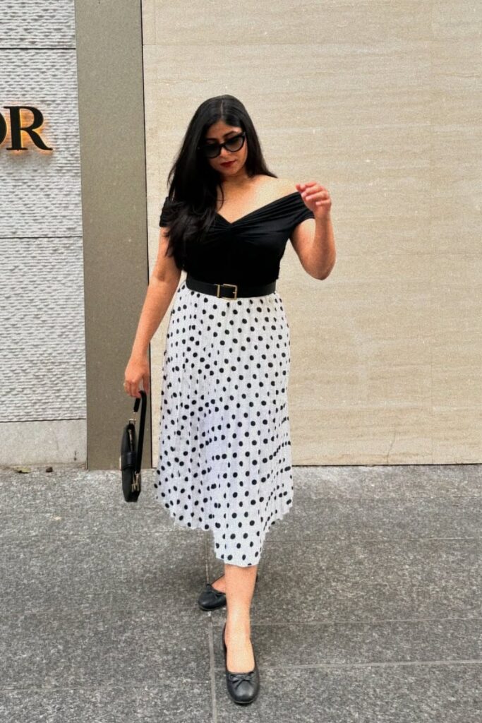 Off-Shoulder Top, Polka Dot Midi Skirt, and Ballet Flats