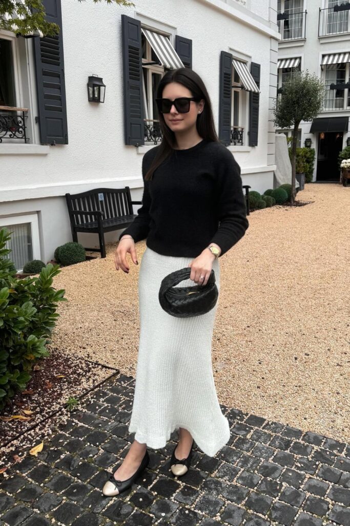 Crewneck Sweater, Ribbed Maxi Skirt, and Two-Tone Flats