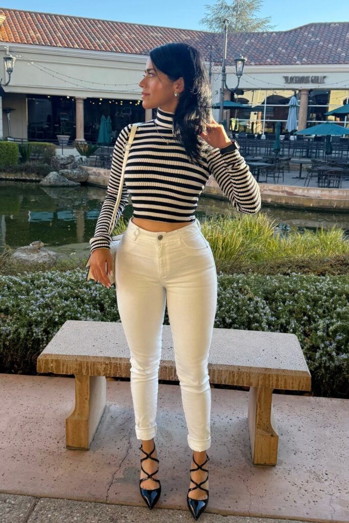 Striped Crop Top, White Jeans, and Strappy Heels