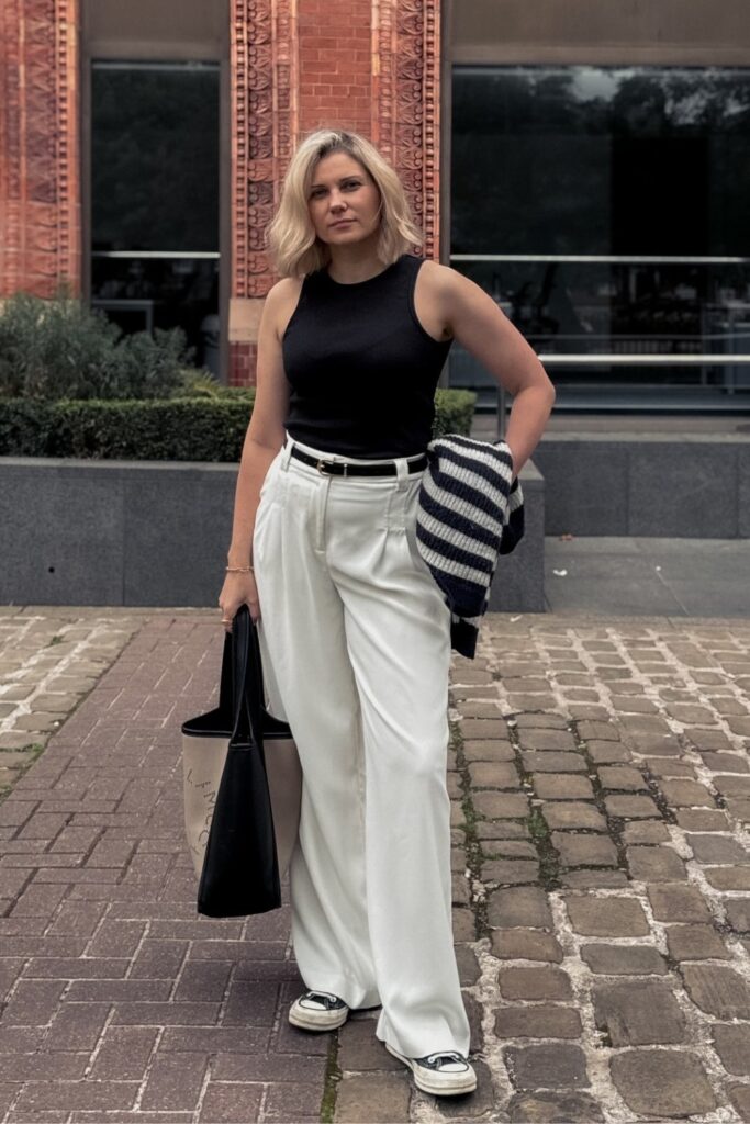 Sleeveless Top, Wide-Leg Trousers, and Belt