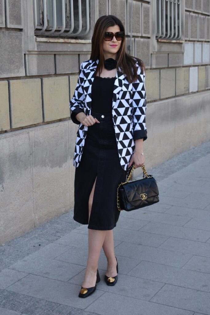 Geometric Blazer, Midi Dress, and Pumps