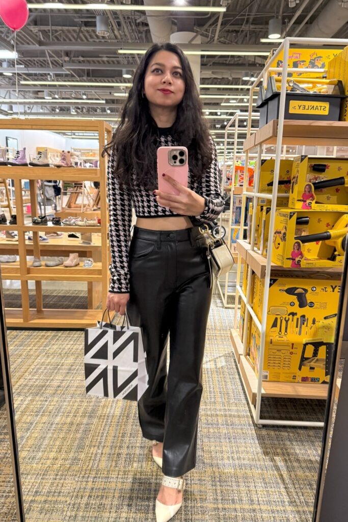 Houndstooth Crop Top, Faux Leather Pants, and White Heels