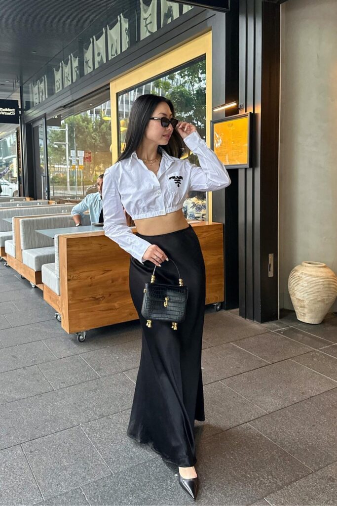 Cropped Button-Up, Maxi Skirt, and Pointy-Toed Heels