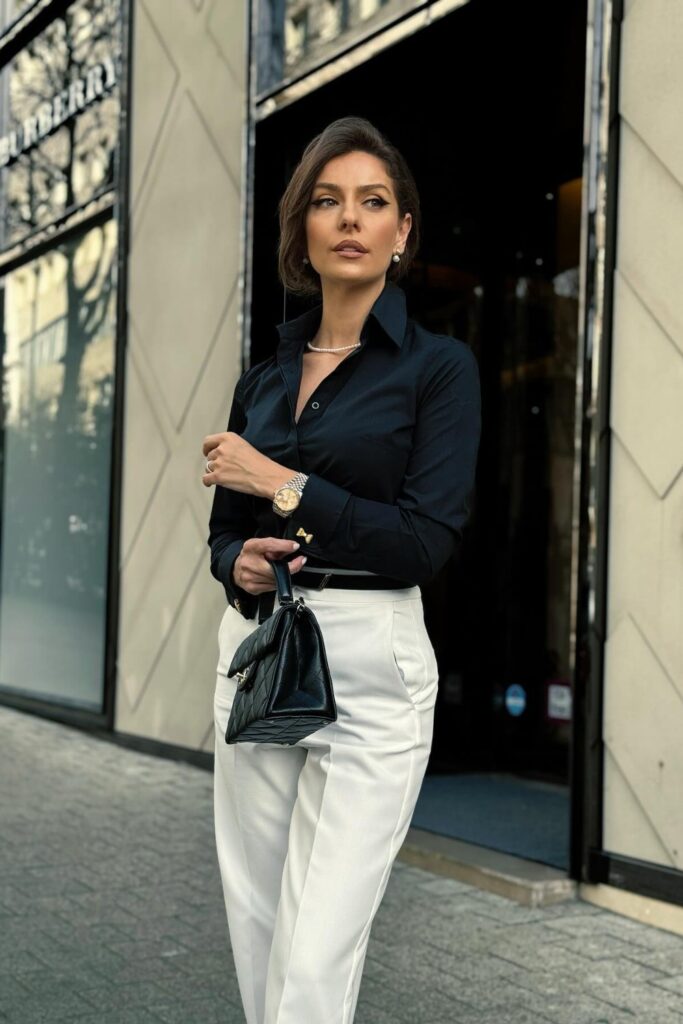 Black Button-Up and White Wide-Leg Trousers