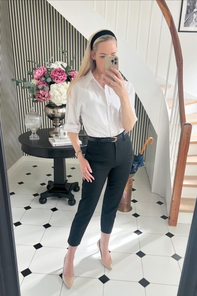 Button-Up Shirt, Cropped Trousers, and Pointy-Toed Pumps