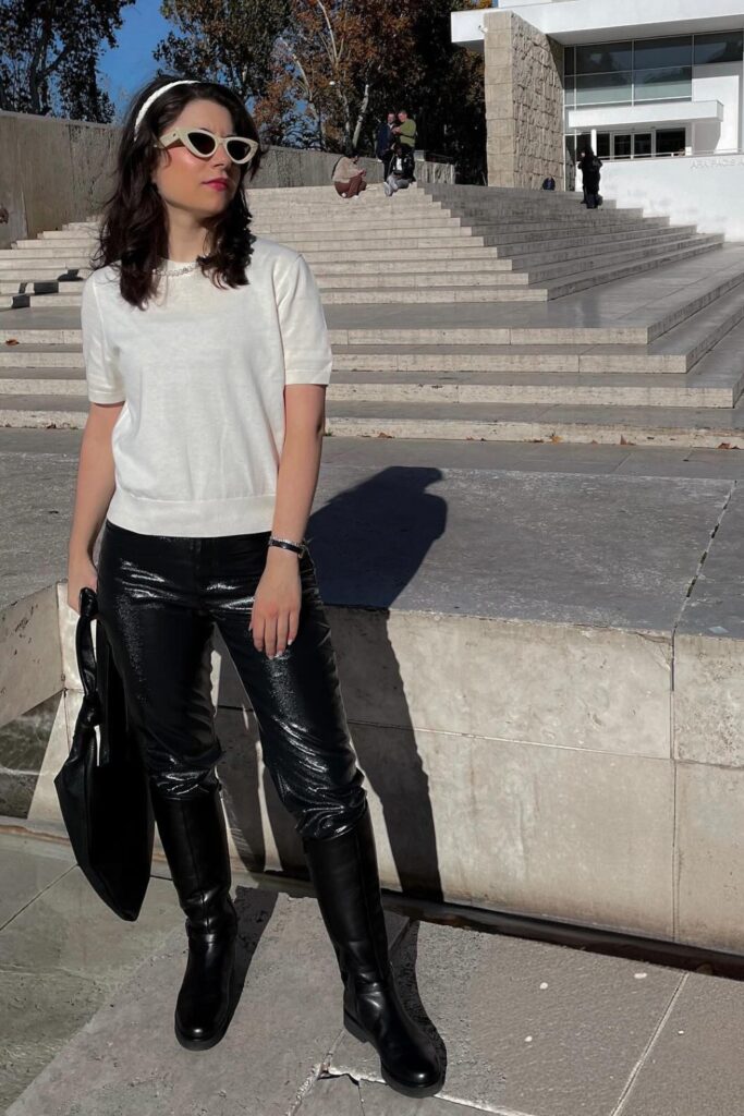 Short-Sleeved Top, Vinyl Pants, and Ankle Boots