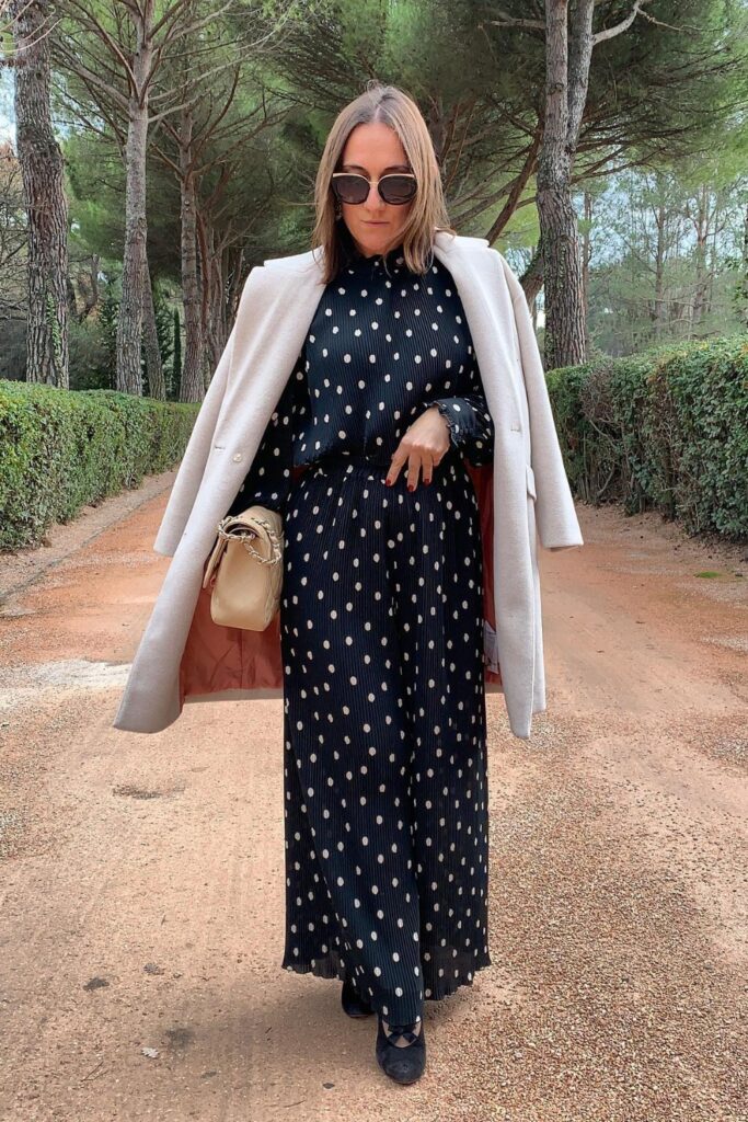 Polka Dot Maxi Dress and Cream Coat