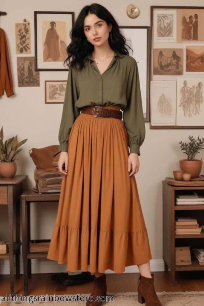 Olive Green Button-Up Blouse and Rust Maxi Skirt