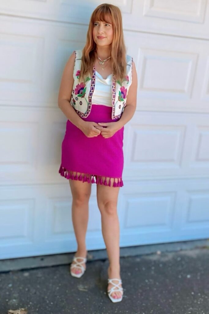 Iridescent Crop Top, Magenta Skirt and Floral Vest