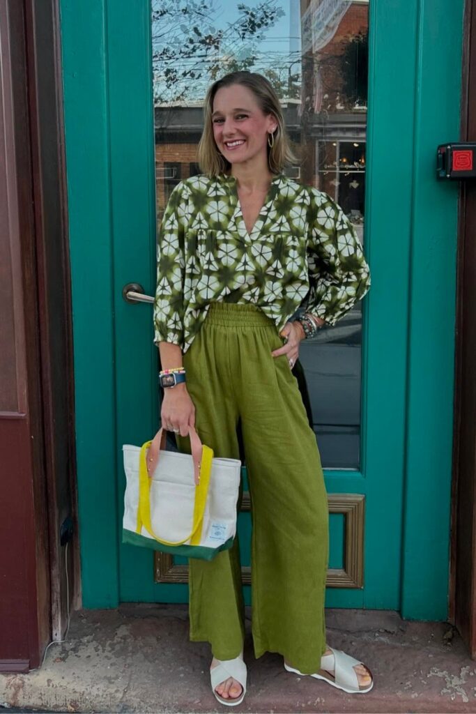 Green and White Patterned Blouse, Olive Pants and White Sandals