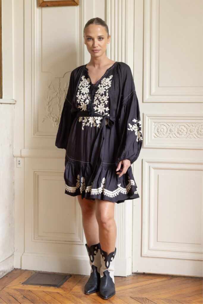 Black Mini Dress with Floral Embroidery and Two-Tone Boots