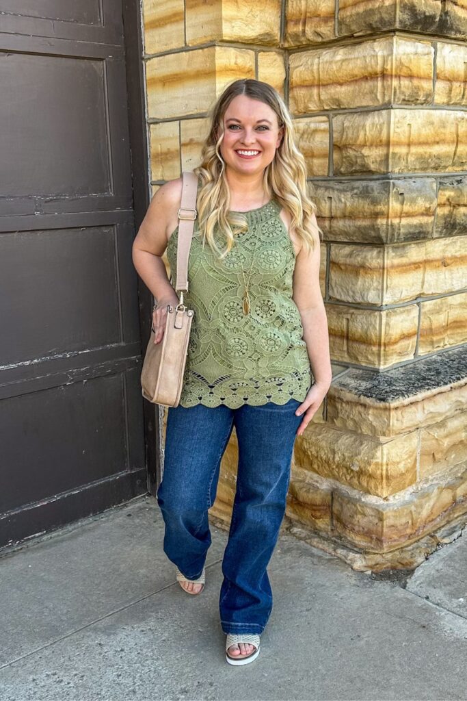 Sage Green Lace Tank Top, Blue Jeans and Beige Bag