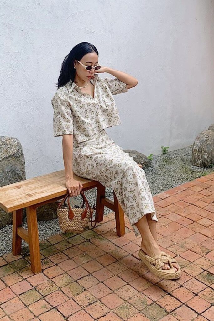 Beige Floral Co-ord Set with Straw Bag and Espadrilles