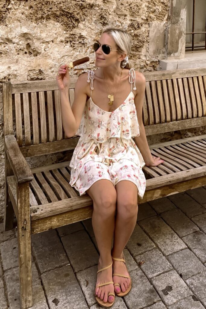 Floral Midi Dress and Tan Boho Sandals