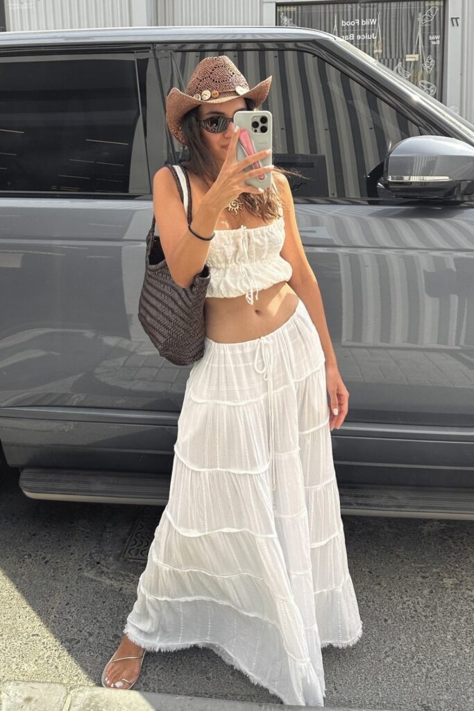 White Cropped Tank Top and Tiered Maxi Skirt