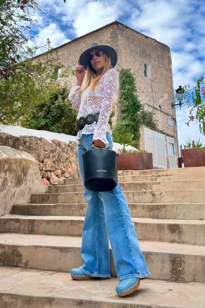 White Crochet Top, Light Wash Jeans and Wide-Brim Hat