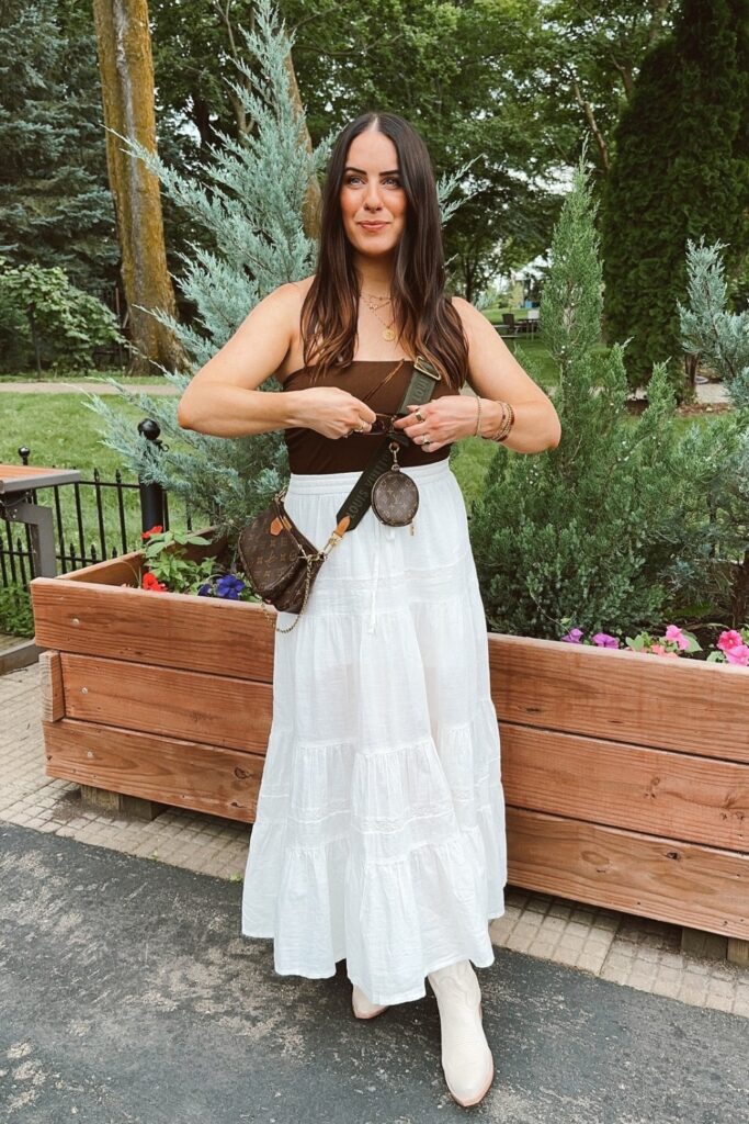 Brown Strapless Bodysuit, White Tiered Skirt and Ankle Boots